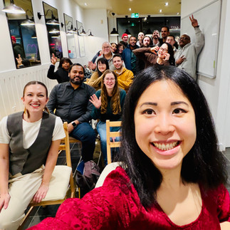 Group of attendees gathered for a CommunauThé event at CCM Montréal, smiling for a photo