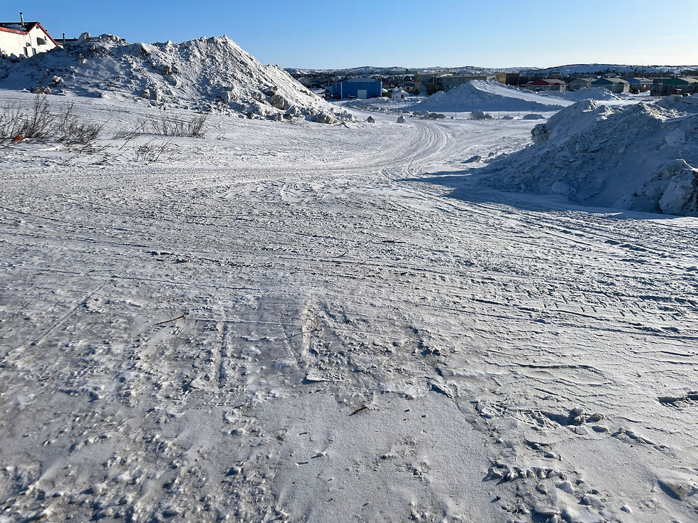 Snow-covered landscape in Kuujjuaq with winding tracks, mounds of plowed snow, and colourful buildings in the distance.