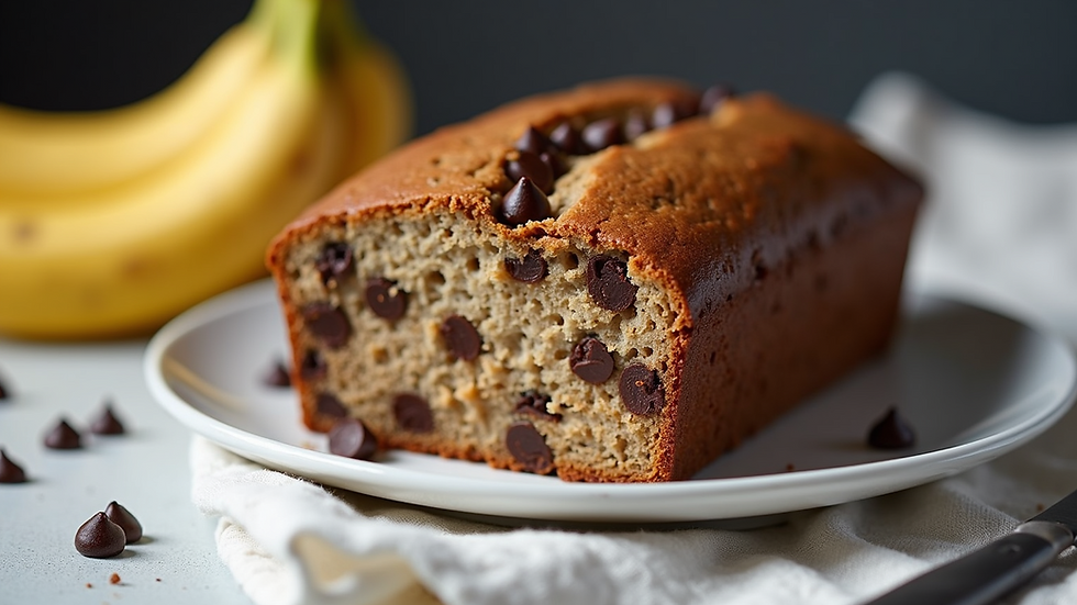 Eye-level view of a loaf of chocolate chip banana bread on a white plate