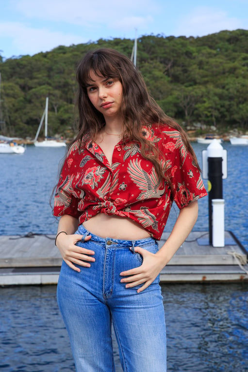 Handrawn Women Top/Merah Crane Cropped Box Shirt