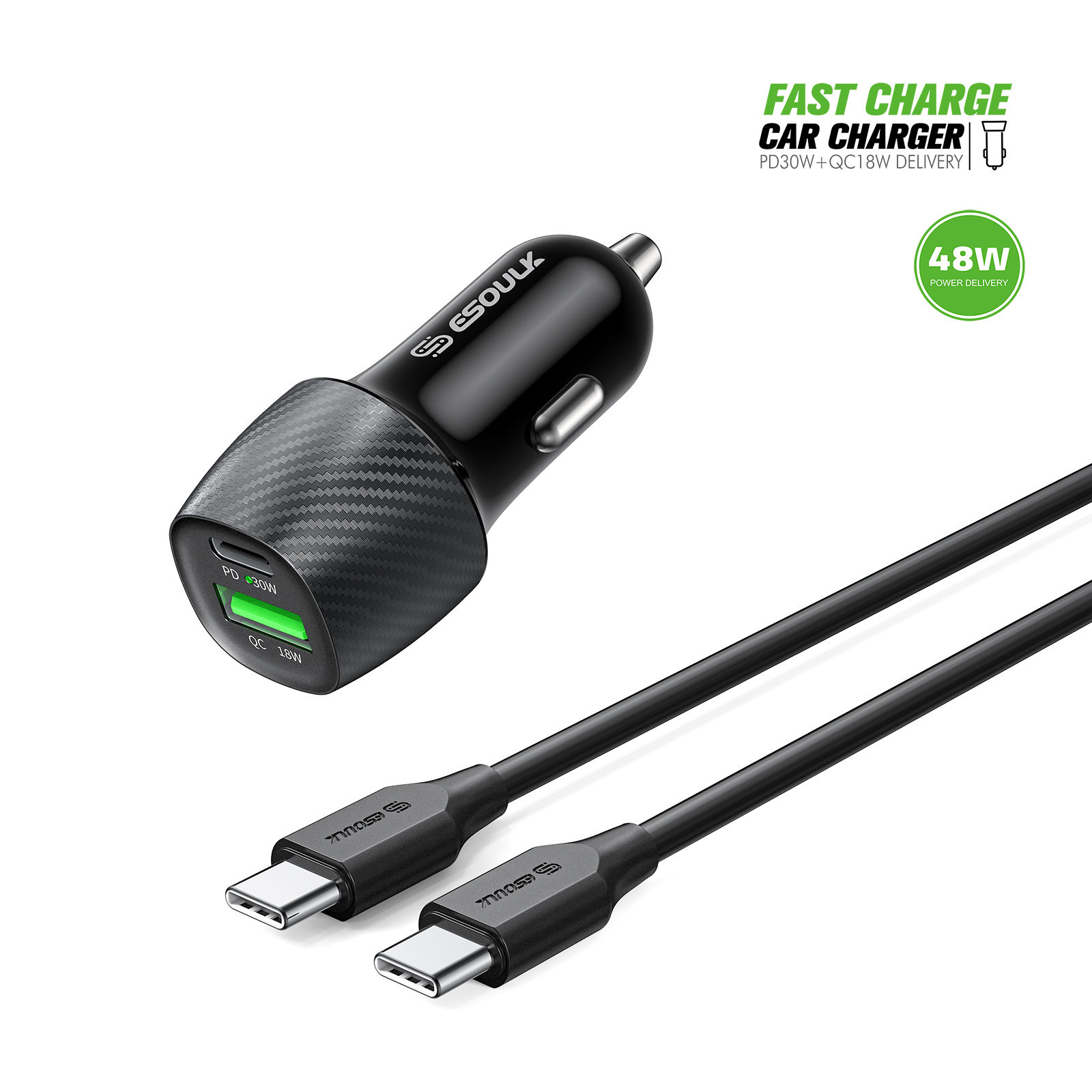EK-2007BK 48W PD&QC CAR CHARGER +3FT USB-C TO USB-C CABLE (12/48)