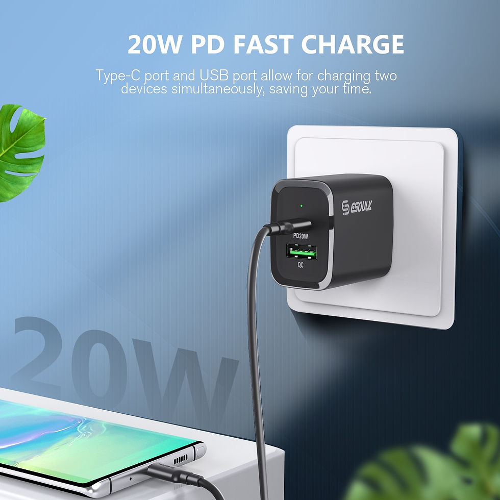 Thumbnail: Esoulk EC49-CC-BK:20W PD+QC FAST WALL CHARGER & 5FT USB C TO C CABLE