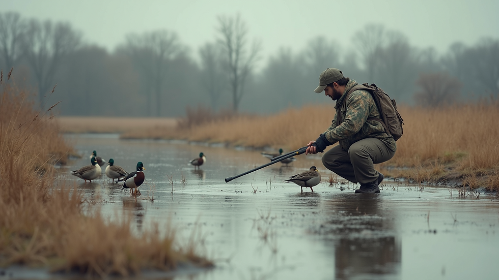 Eye-level view of a hunter setting up decoys in a wetland