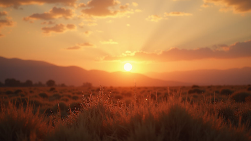 Eye-level view of a serene landscape with a sunset