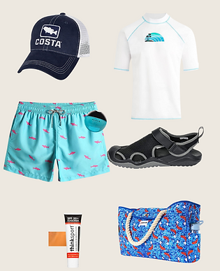 Navy + White Costa Del Mar cap. Bora Bora White Kanu Surf Short Sleeve Sun Protective Rashguard Swim Shirt. Shark Acid blue Swim Trunks 5" with Mesh Lining. Black Crocs Swiftwater Mesh Deck Sandals. cedar, fresh, and rosemary Bvlgari Aqva Marine Pour Homme by Bvlgari cologne 3.4 Fl Oz 100ml. Little Fish Beach Bag. Thinksport SPF 50+ Mineral Sunscreen. Click to purchase item on original site.