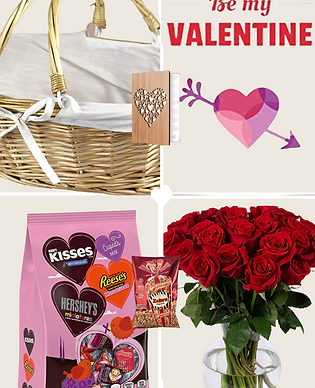Willow basket, HERSHEY'S and REESE'S Valentine's candy, Benchmark Bouquets red roses, Fandango gift cards, HeartSpace bamboo greeting cards, Popcornopolis Zebra popcorn