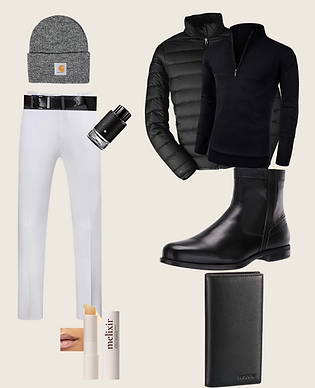 Black/White Carhartt Knit Cuffed Beanie. Black Eddie Bauer puffer CirrusLite Down Jacket. Black Slim Fit Zip Up Mock Neck Polo Long Sleeve Pullover Sweater. Black/Brown (Burnished) Steve Madden Leather Belt. White Slim Fit Suit Pants. Black Florsheim Medfield Plain Toe Zip Boots. green Italian Bergamot and Vetiver MONTBLANC Explorer cologne. Pebbled Black Bifold Long Wallet. Melixir Vegan Lip Butter