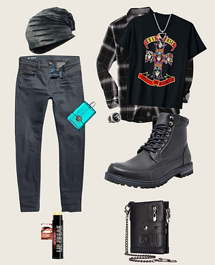 grey Striped Thin Baggy Slouch ripped Beanie. Black/White Button Down Long Sleeve Plaid Flannel Shirt. Black Guns N' Roses Official Short Sleeve Cross T-Shirt. Worn in Tornado G-Star Raw Revend Skinny Fit Jeans. black Bruno Marc Combat Oxford Boots. fruits, spices, suede and woodsy Ed Hardy Hearts & Daggers, Cologne 3.4 Fl Oz. Black bill heart Genuine Leather Wallet with Chain. black and silver Long Stainless Steel Triangle Geometric Pendant. black and silver Wolf Ring. Lip Bang's BUZZING Lip Balm
