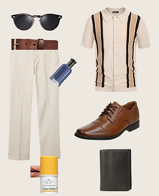 Grey Lens Tortoise Frame Polarized Sunglasses. Beige PJ Paul Jones Polo Striped Knitting Shirt. Brown Bullhide Leather Belt. Stone Classic-Fit Wrinkle-Resistant Flat-Front Chino Pants. Brown Leather Clarks Tilden Oxford shoes. Apple, Mandarin and Olivewood Hugo Boss Bottled Infinite cologne. Ingram Black Fossil Leather Trifold Wallet. Drunk Elephant Lippe lip Balm