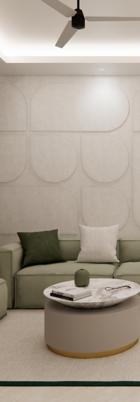 A stylish living and dining area showcasing pastel green sectional sofas arranged around a marble-topped coffee table with minimal decor. The room features a textured accent wall with geometric patterns and vertical wall sconces, built-in cabinetry with glass displays in the dining space, and soft neutral tones throughout. Large windows with sheer curtains allow ample light, enhancing the modern, inviting atmosphere perfect for home interiors.
