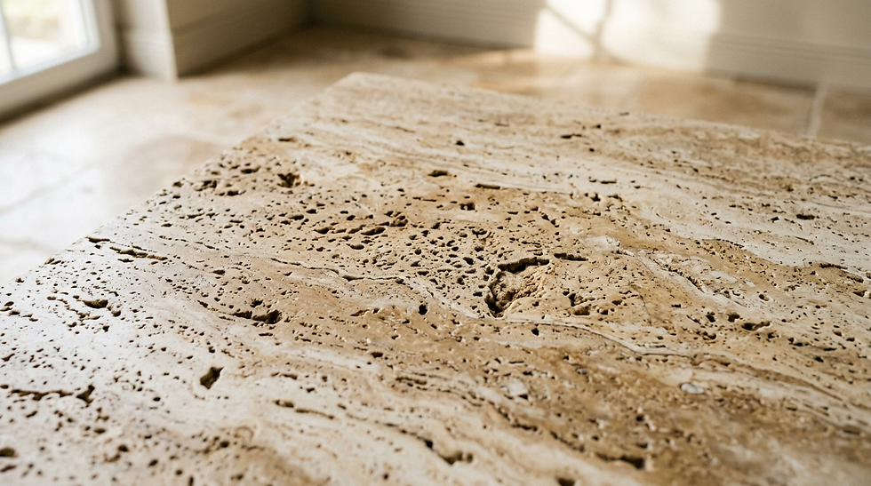 Firefly_Gemini Flash_Travertine surface- warm cream-tan tones, natural pitting and texture