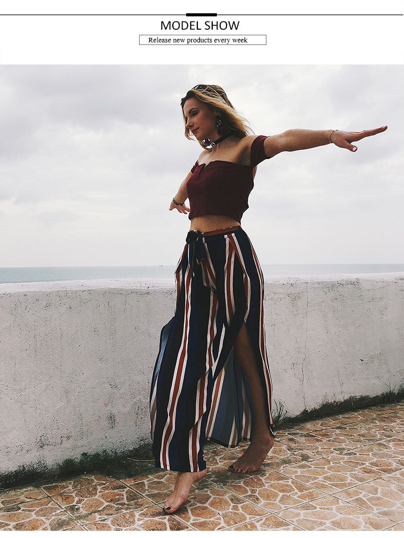 Thumbnail: LIVA Striped Wide-Leg Pants with Slit Chiffon Design