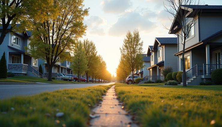 Eye-level view of a modern Edmonton residential neighborhood with single-family homes and trees lining the street