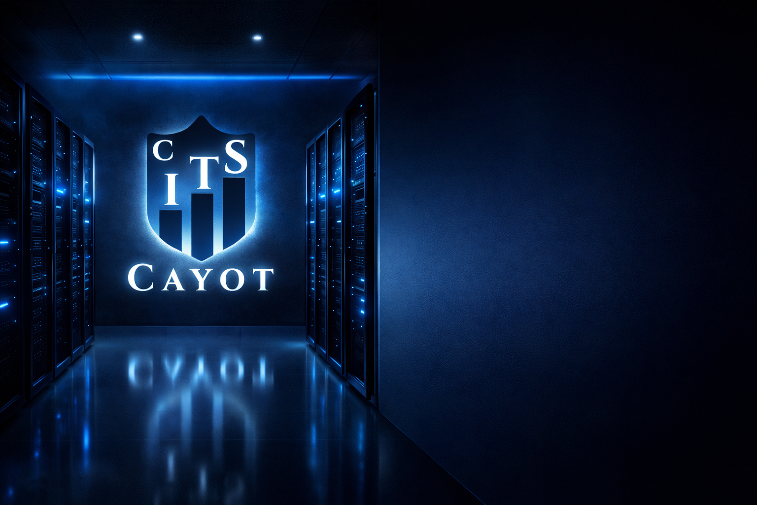 Serverraum mit leuchtendem CITS-Cayot-Logo
