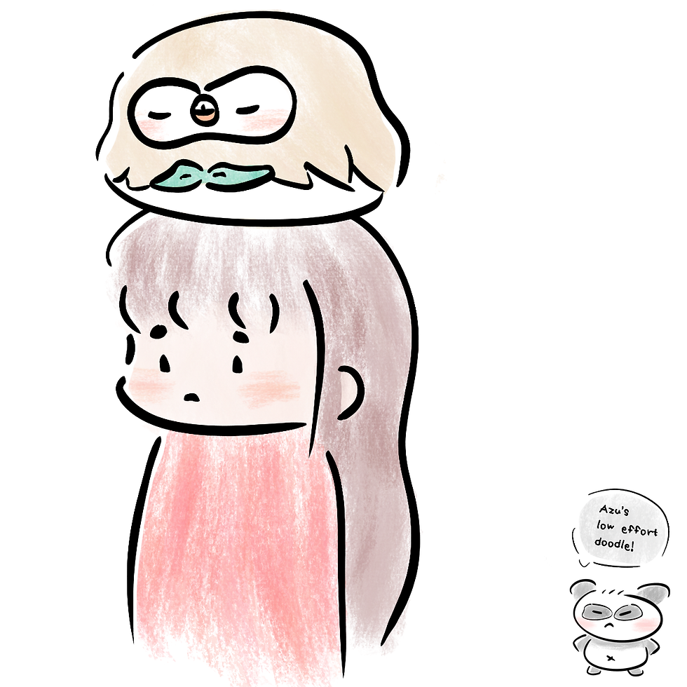 Rowlet sleeping on Azu's head