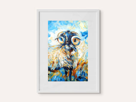 A vibrant abstract acrylic painting of a sheep with expressive brushstrokes in blue, gold, and white, creating a dreamlike, impressionistic effect. The sheep's eyes are bold and surreal, blending into a swirling background of color.