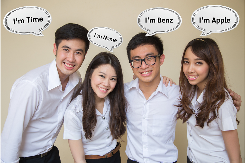 Four smiling people in white shirts. Thai student. Thai name.
