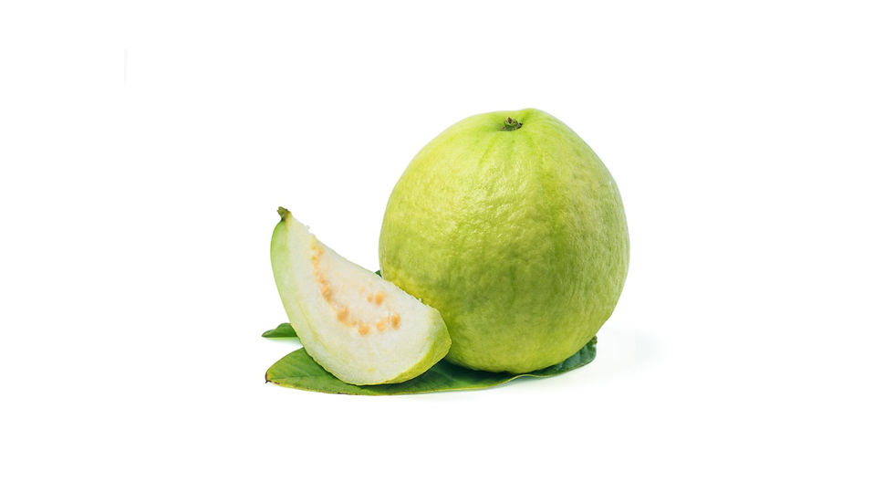 Whole green guava and a slice with seeds on leafy base, set against a white background. Fresh and vibrant appearance.