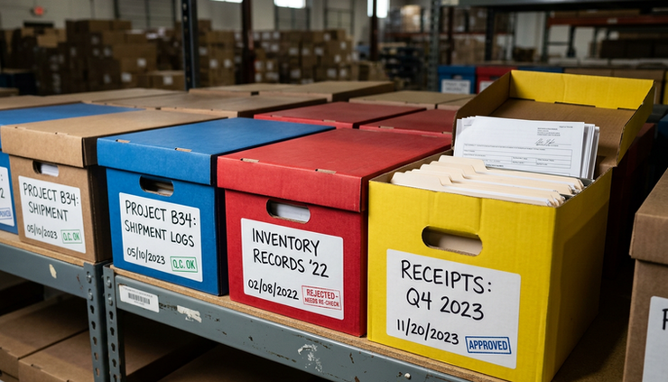 Close-up view of color-coded file boxes and handwritten data labels on a warehouse shelf