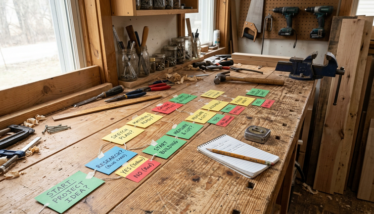 Wide-angle view of a workbench with color-coded index cards arranged in a decision path