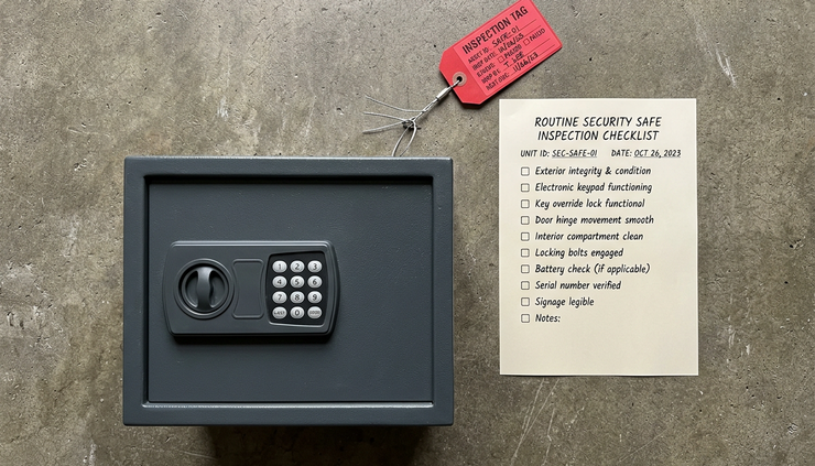 Overhead view of a small safe, paper checklist, and red inspection tag on a concrete floor