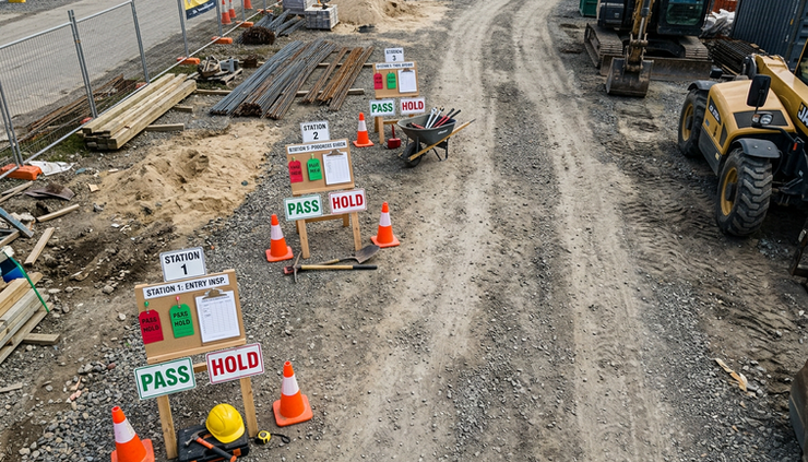 Overhead view of a marked path through a worksite with three inspection stations