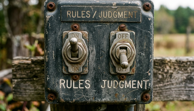 Close-up view of two labeled switches on a weatherproof control panel