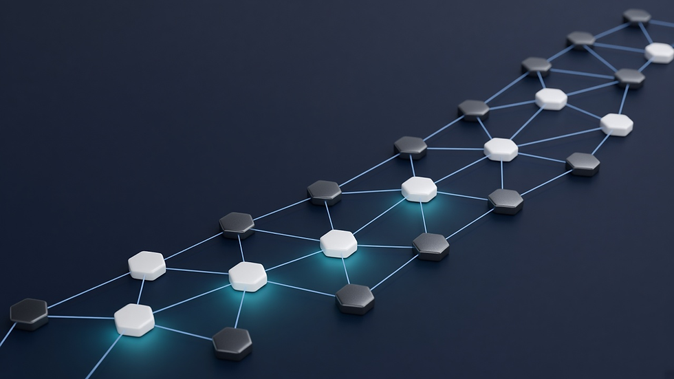 Dark navy 3D path of linked hexagon nodes with glowing cyan accents