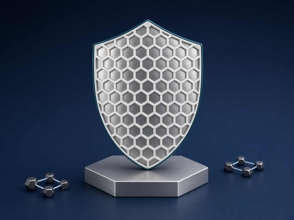 Dark navy metallic shield with white honeycomb face on a hexagonal pedestal