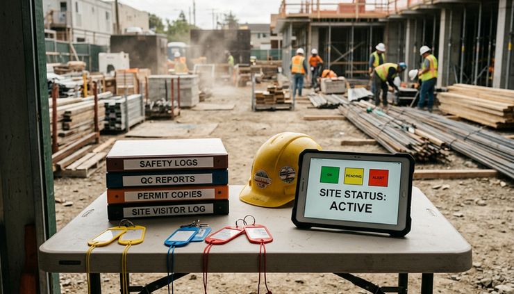 Wide-angle view of a construction site checkpoint with labeled folders and inspection tags