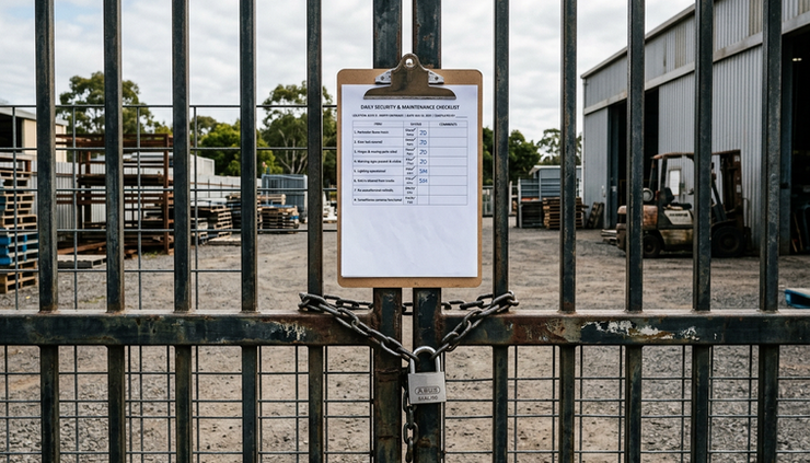 Eye-level view of a locked metal gate with a simple numbered checklist clipped to it