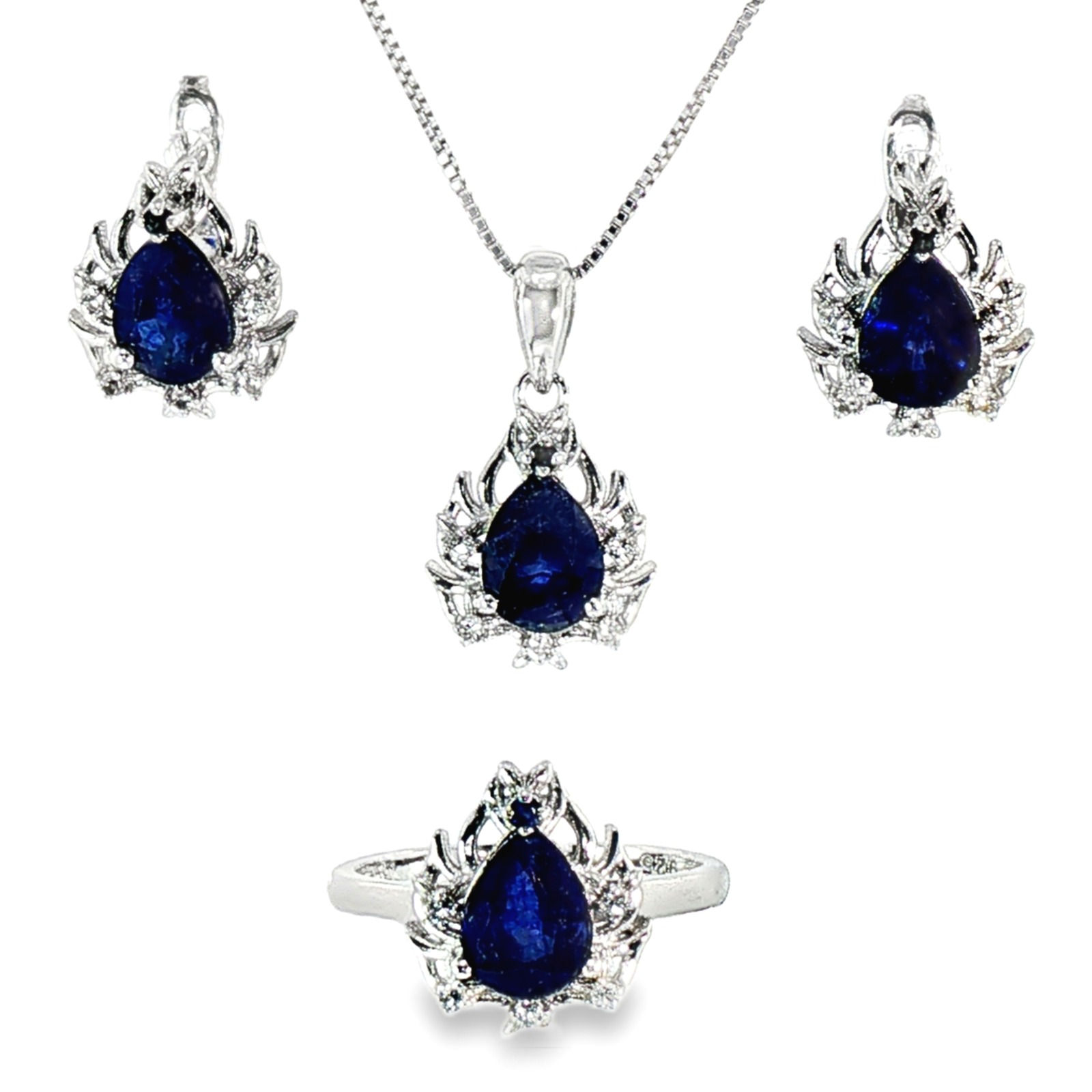 925 Sterling Silver Blue Sapphire Pears 8X6 mm Pendant & Earring Set