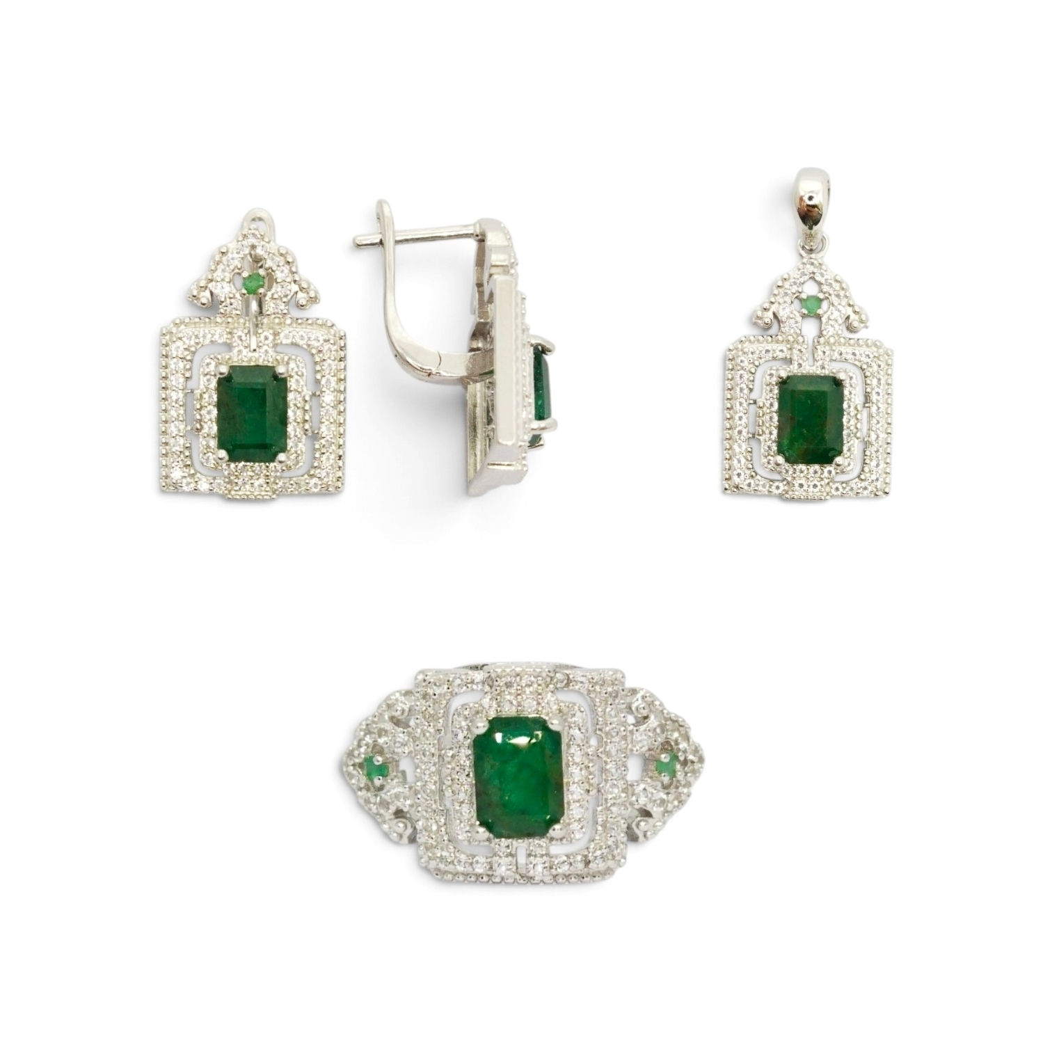 925 Sterling Silver Emerald Octagon 7X5mm Pendant & Earring Set