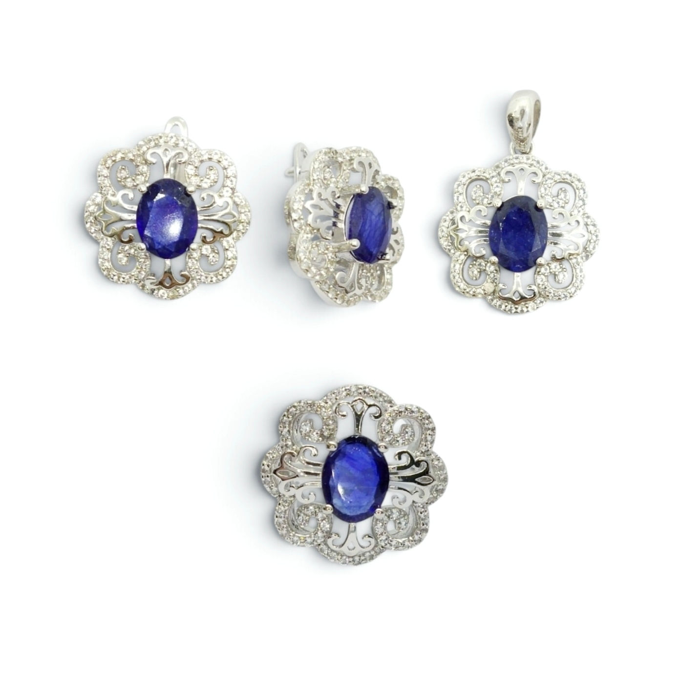 925 Sterling Silver Blue Sapphire Oval 8X6mm Pendant & Earring Set