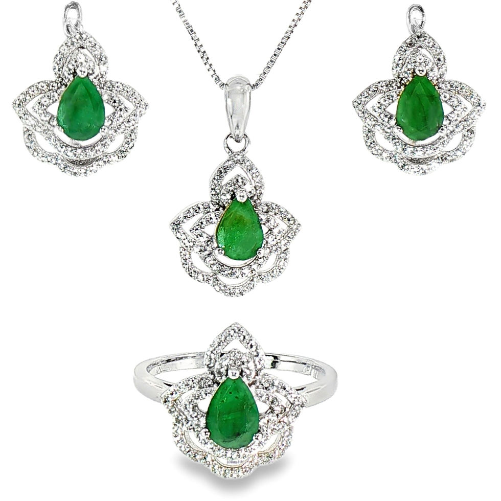 Thumbnail: 925 Sterling Silver Emerald Pears 7X5 mm Pendant & Earring Set