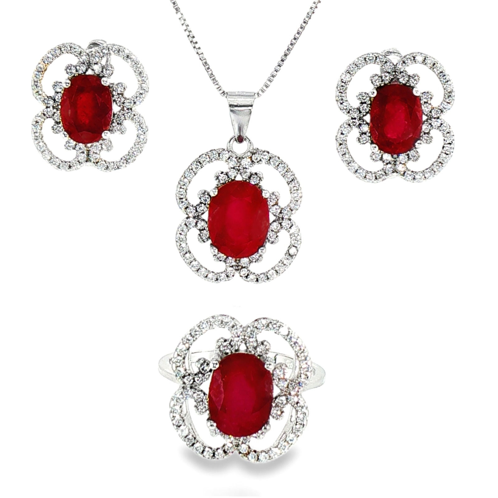 925 Sterling Silver Ruby Oval Pendant 9X7mm & Earrings Set8X6mm