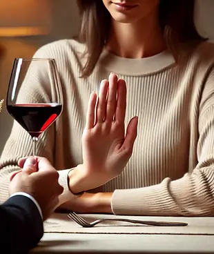 Woman rejecting a glass of wine