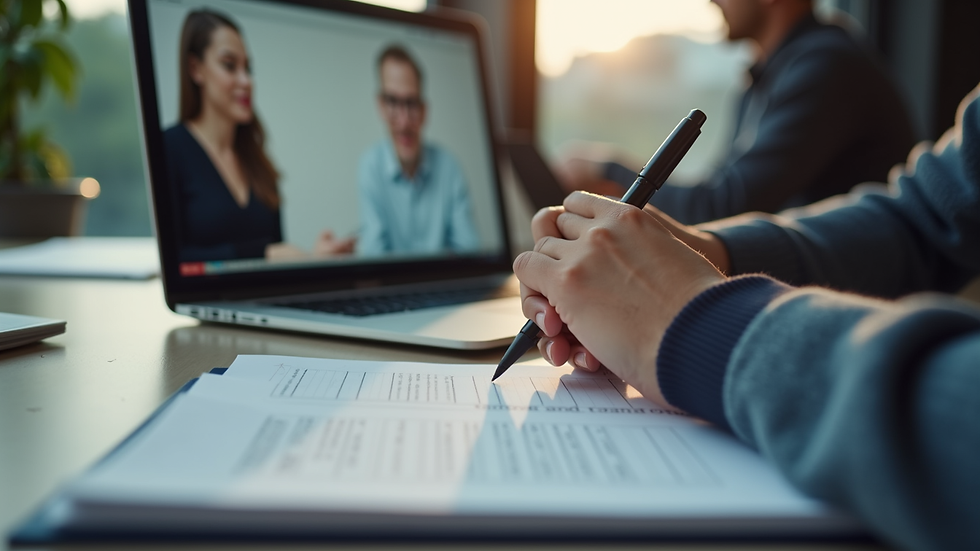 Close-up of a person taking notes during an online English training session