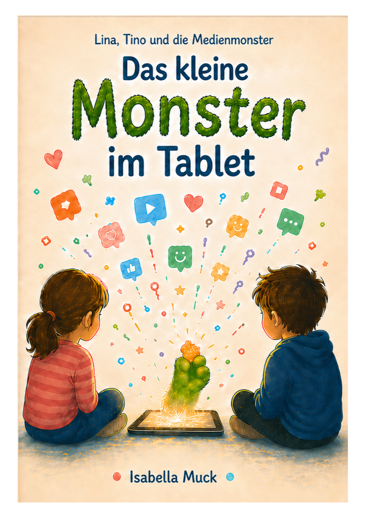 Book cover: The Little Monster in the Tablet, a children's media literacy book, with kids watching a monster emerge from a tablet.