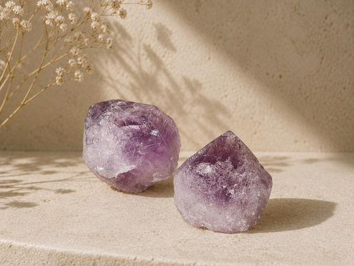 Two purple amethyst crystals on a beige surface, lit by soft sunlight with dried flowers and gentle shadows.