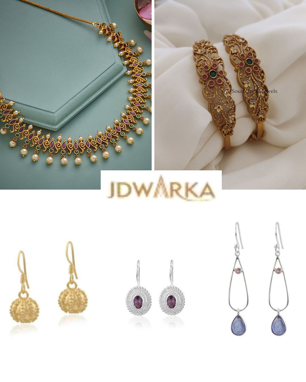 Collage of ornate gold jewelry: necklace, bangles, and dangling earrings on pastel and white backgrounds, with JDWARKA