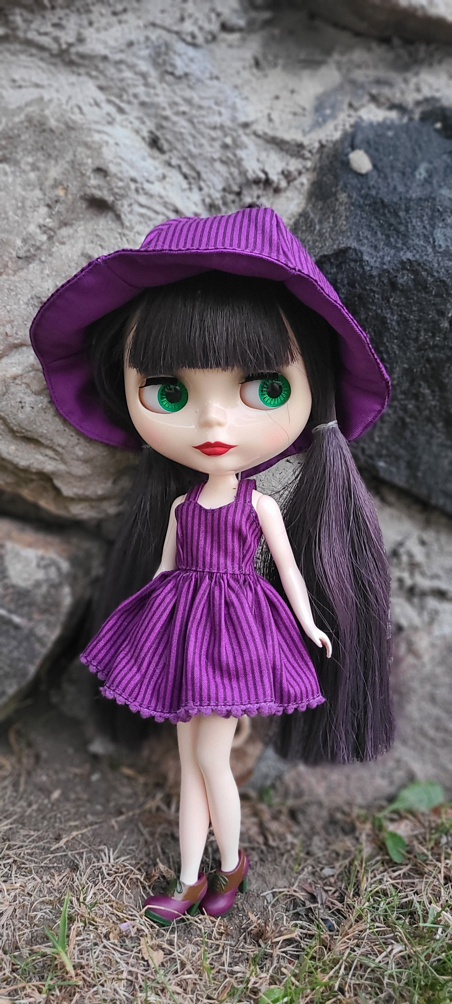 Purple Striped Dress & Reversable Petal Hat