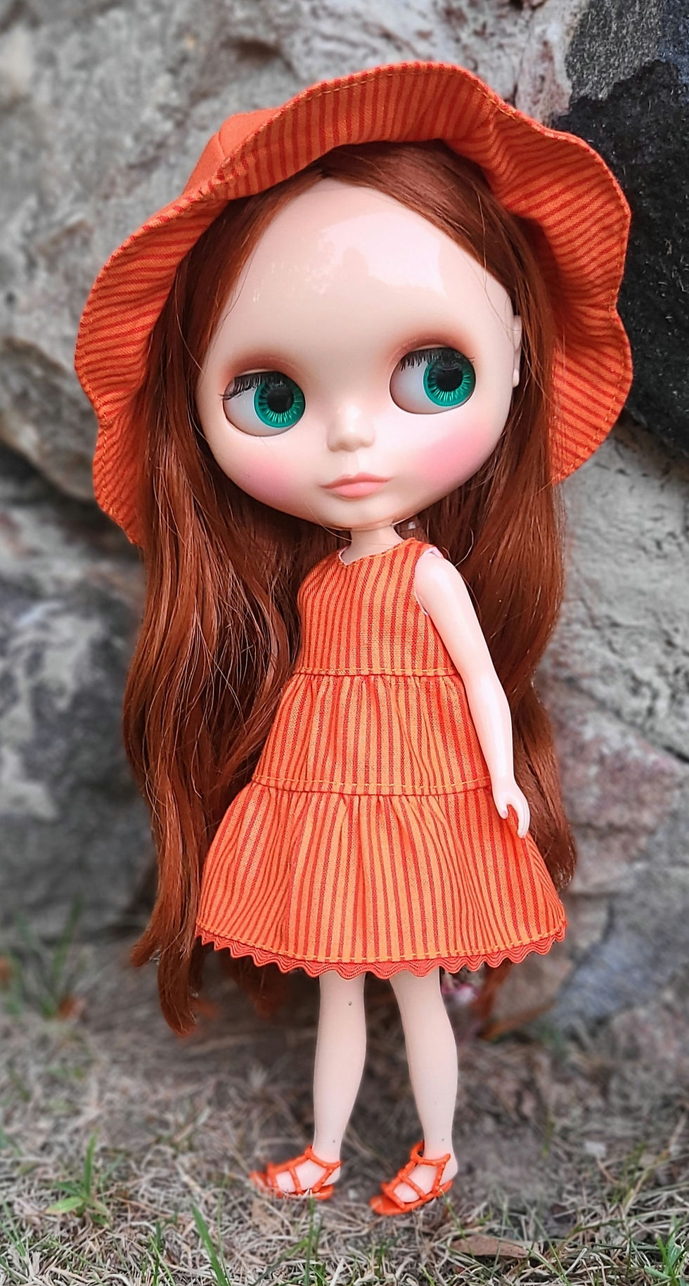 Thumbnail: Orange Striped  Dress & Reversable Petal Hat