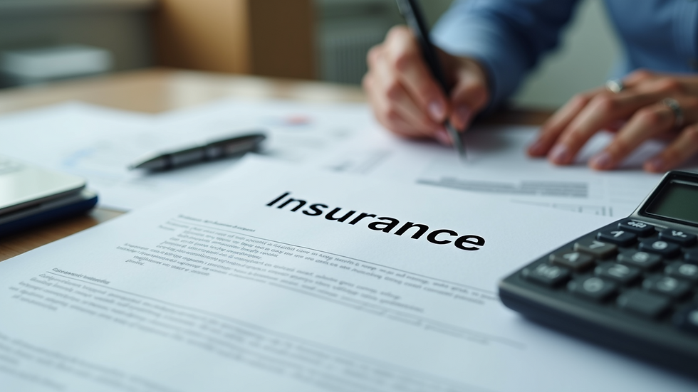 Close-up view of insurance policy documents and calculator on desk
