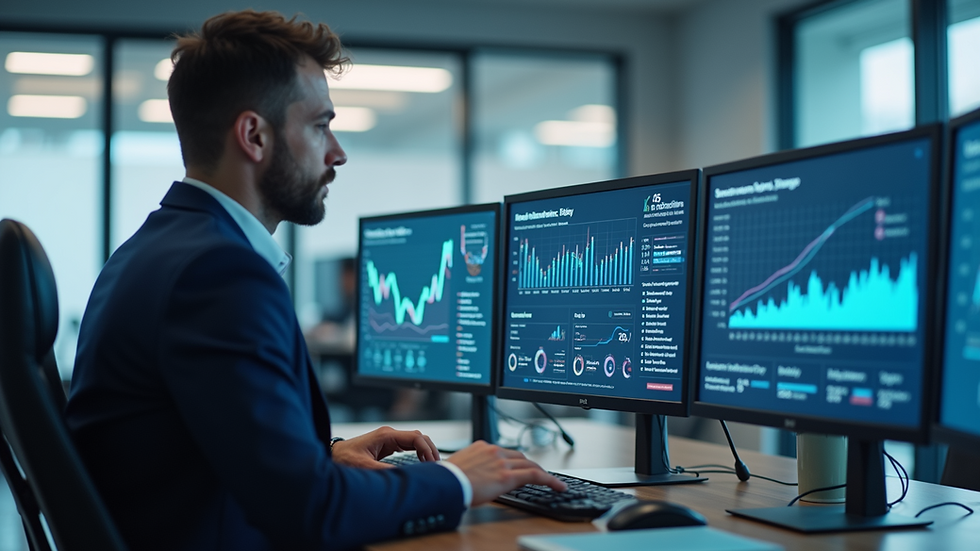 Eye-level view of a modern office with digital insurance dashboards