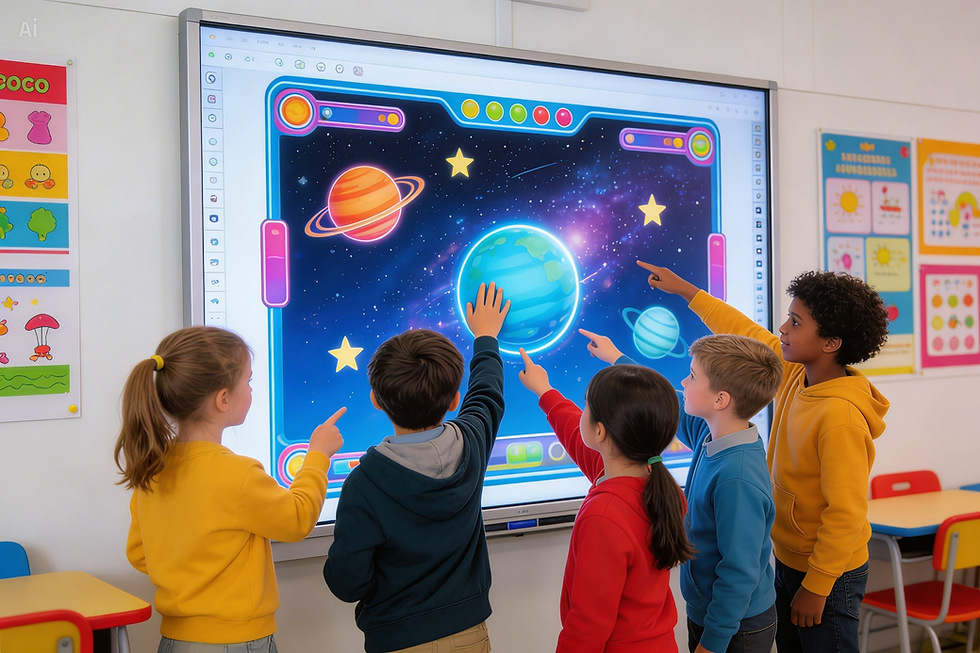 criancas na lousa branca interativa aula de sistema solar