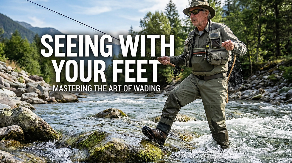 Fly fisherman wading in a rocky river with text overlay: SEEING WITH YOUR FEET, MASTERING THE ART OF WADING