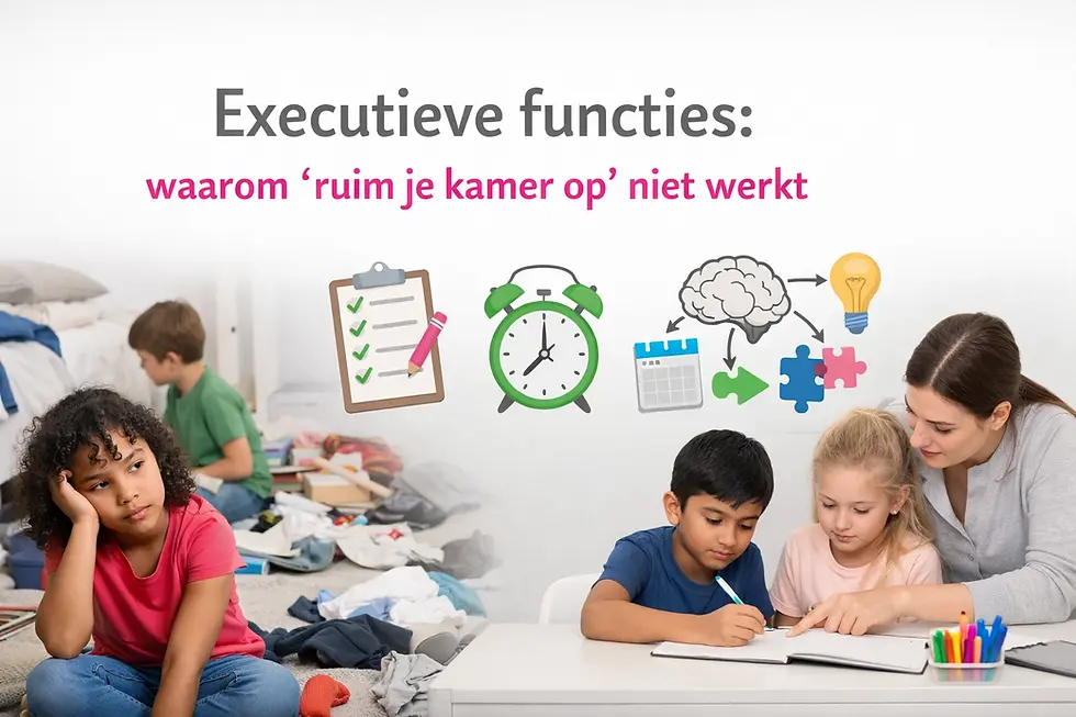 Ouder biedt structuur aan kind in een rommelige kamer om executieve functies te ondersteunen.