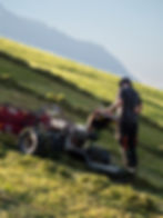 Mitarbeiter auf einem Kreiselheuer bei der Arbeit auf einem frisch gemähten Feld