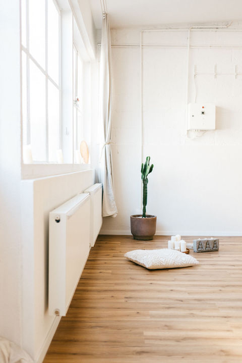 Fensterfront mit Heizung und Kaktee